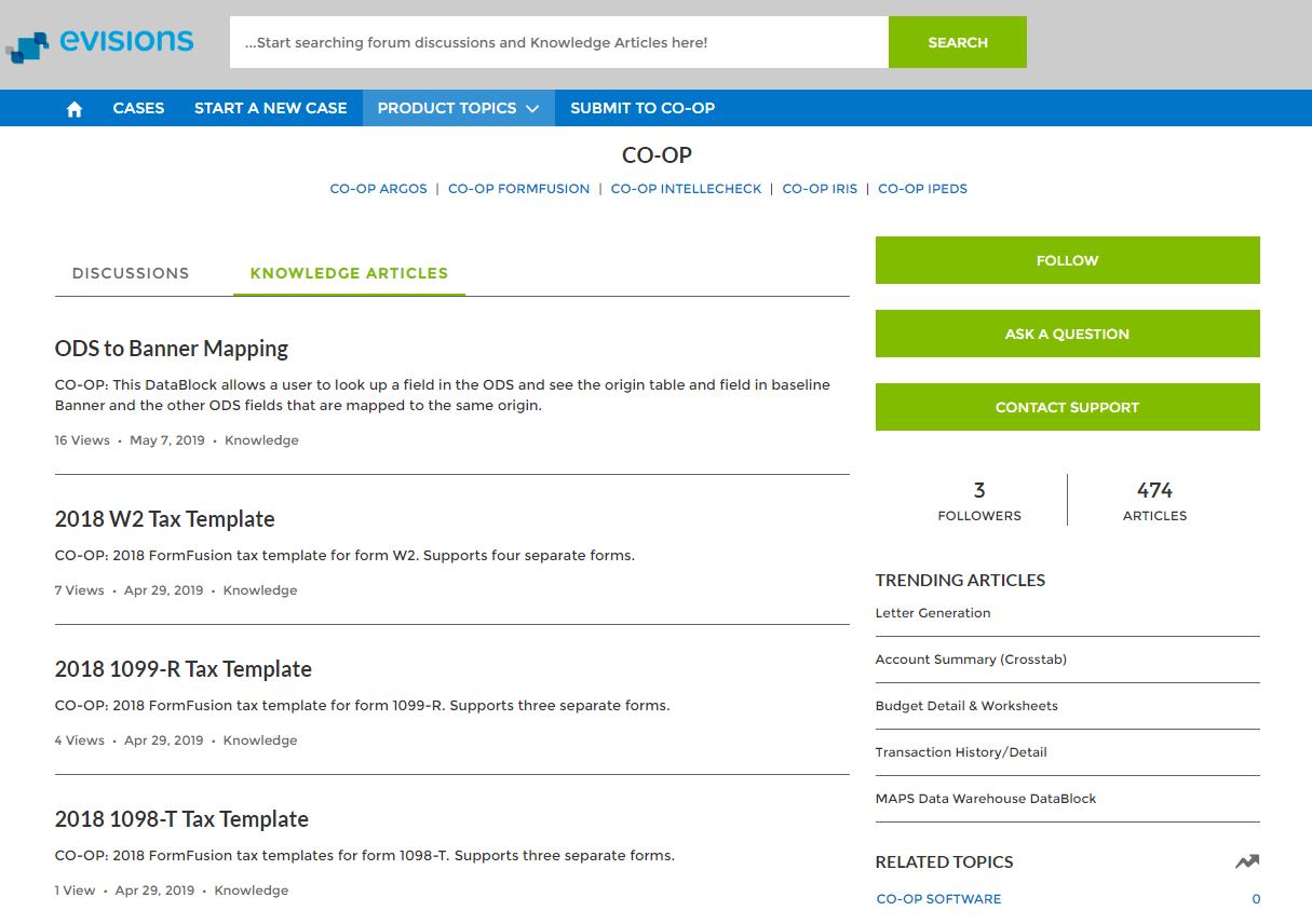 The CO-OP page before any categories have been selected.  On the right you can see a list of products including Argos, FormFusion, IntelleCheck, MAPS, IRB, etc.